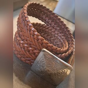 Ladies One World Braided Leather Belt Brown Silver Buckle Cowgirl BOHO Concho L